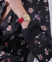 Guess Cosmo Diamonds Gold Dial Red Rubber Strap Watch for Women - GW0034L6