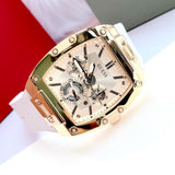 Guess Phoenix Multifunction Gold Dial White Leather Strap Watch for Men - GW0202G6