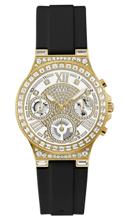 Guess Moonlight Crystals Silver Dial Black Silicone Strap Watch For Women - GW0257L1