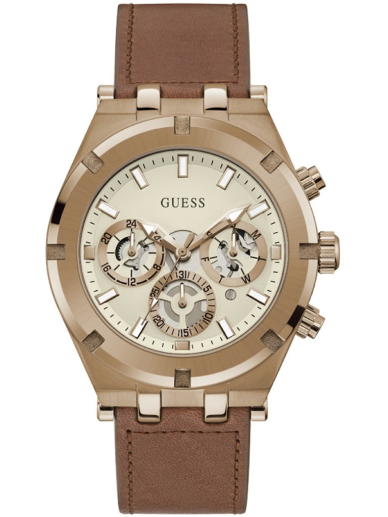 Guess Analog Men Leather Strap Dial for Watch White Multifunction Brown
