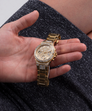 Guess Moonlight Multi Function Diamonds Gold Dial Gold Steel Strap Watch for Women - GW0320L2