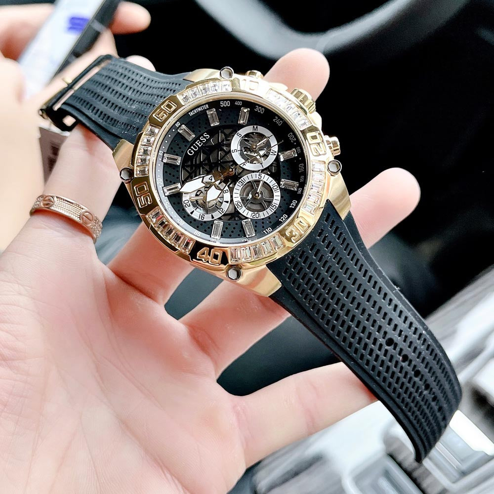 for Watch Rubber Multifunction Black Strap Dial Trophy Black Guess Men