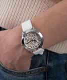 Guess Wanderlust Crystals Silver Dial White Rubber Strap Watch for Women - W1059L1