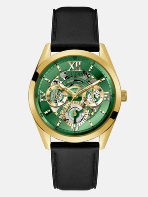 Guess Multifunction Chronograph Green Dial Black Leather Strap Watch For Men - GW0389G7