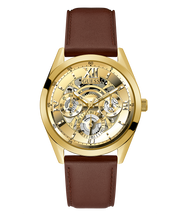 Guess Multifunction Chronograph Gold Dial Brown Leather Strap Watch For Men - GW0389G5