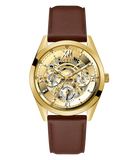 Guess Multifunction Chronograph Gold Dial Brown Leather Strap Watch For Men - GW0389G5