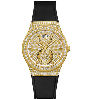 Guess Princess Crystals Gold Dial Black Silicone Strap Watch For Women - GW0439L2