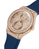 Guess Multifunction Crystals Rose Gold Dial Blue Rubber Strap Watch For Women - GW0439L4