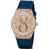 Guess Multifunction Crystals Rose Gold Dial Blue Rubber Strap Watch For Women - GW0439L4