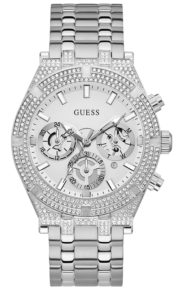 Guess Multi Function Diamonds Silver Dial Silver Steel Strap Watch For Men - GW0455G1