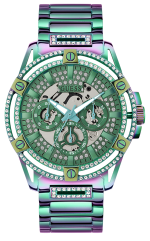 Guess King Iridescent Multifunction Multicolor Dial Purple Steel Strap Watch For Men - GW0497G3