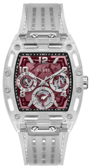 Guess Phoenix Quartz Burgundy Dial Transparent Silicone Strap Watch For Men - GW0499G9