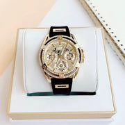 Guess Queen Quartz Gold Dial Black Silicone Strap Watch For Women - GW0536L3