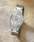 Guess Moonlight Multi Function Diamonds Silver Dial Silver Steel Strap Watch for Women - GW0320L1