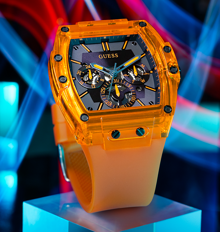 Guess Phoenix Multifunction Black Dial Orange Rubber Strap Watch For Men - GW0203G10