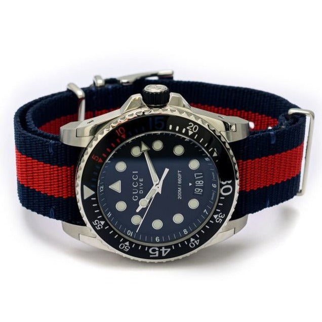 Gucci Dive Black Dial Red & Blue Nylon Strap Watch For Men
