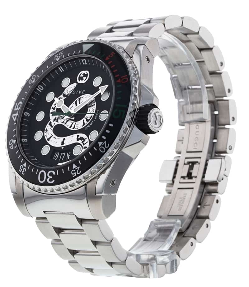 Gucci Dive Snake Black Dial Silver Steel Strap Watch For Men
