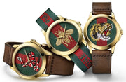 Gucci Le Marche Des Merveilles Red & Green Dial Brown Leather Strap Unisex Watch - YA126497
