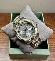 Guess Frontier Chronograph Crystals Gold Dial Two Tone Steel Strap Watch For Women - W1156L5