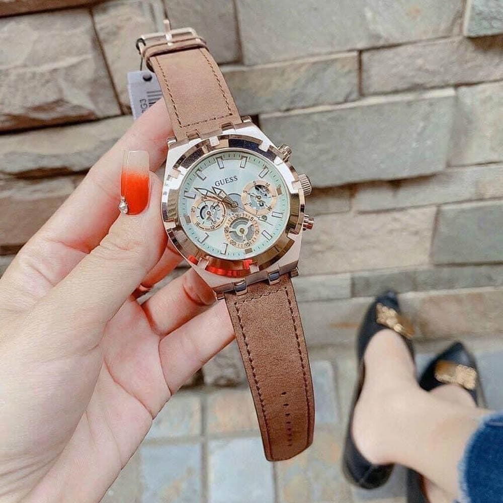 Brown Leather Analog Dial for Guess White Watch Multifunction Strap Men