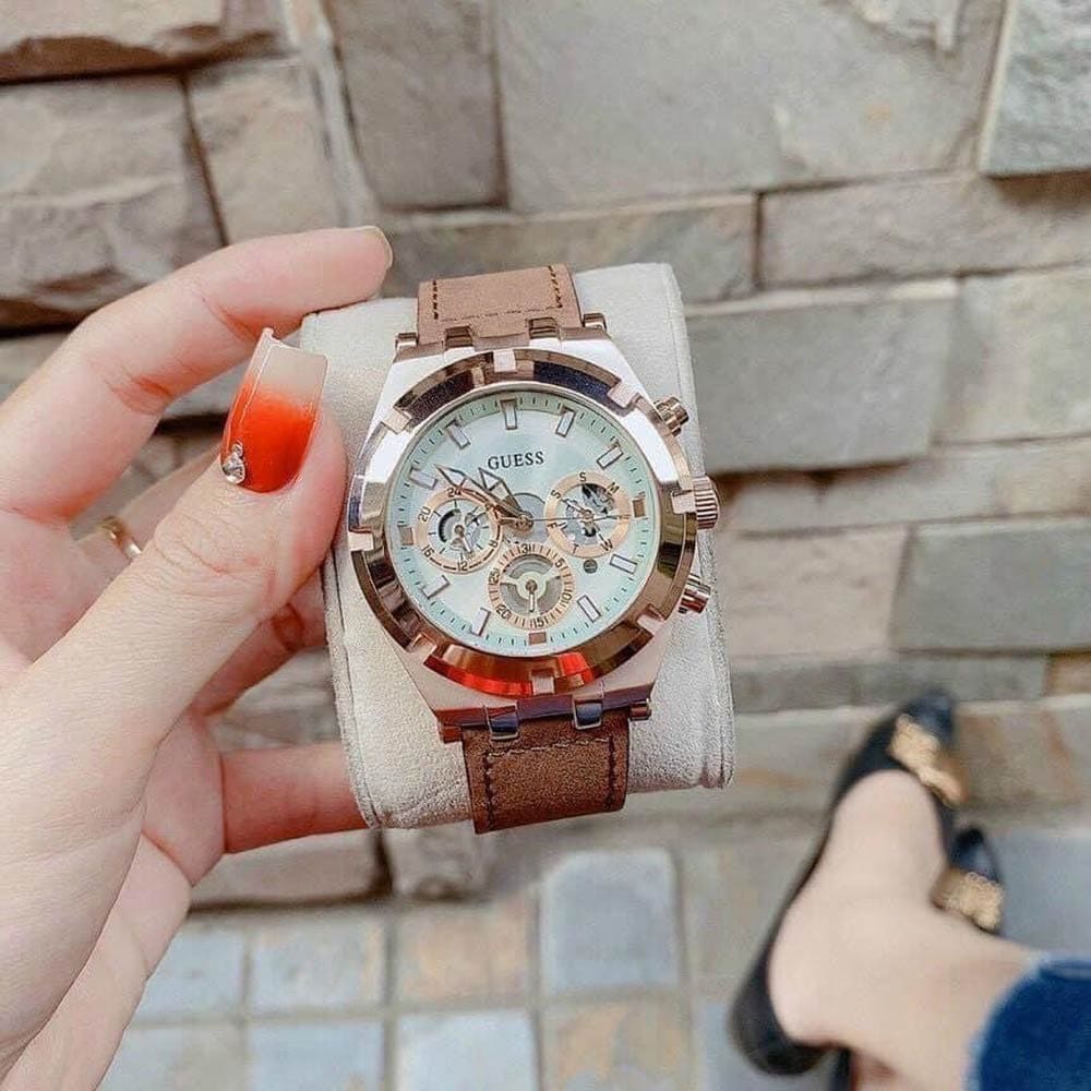 Brown for Multifunction Men Watch Analog Dial Guess White Strap Leather