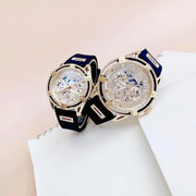 Guess Queen Quartz Gold Dial Black Silicone Strap Watch For Women - GW0536L3