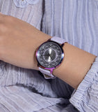 Guess Dahlia Analog Silver Dial Purple Leather Strap Watch For Women - GW0529L4