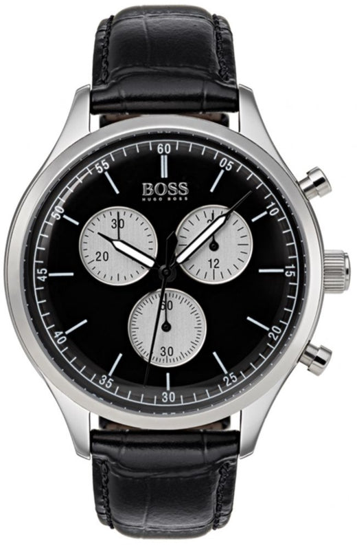 Hugo Boss Companion Black Dial Black Leather Strap Watch for Men - 1513543