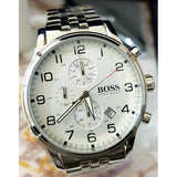 Hugo Boss Aeroliner Chronograph Quartz White Dial Silver Steel Strap Watch For Men - HB1512445