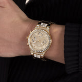 Guess Moonlight Multi Function Diamonds Gold Dial Gold Steel Strap Watch for Women - GW0320L2