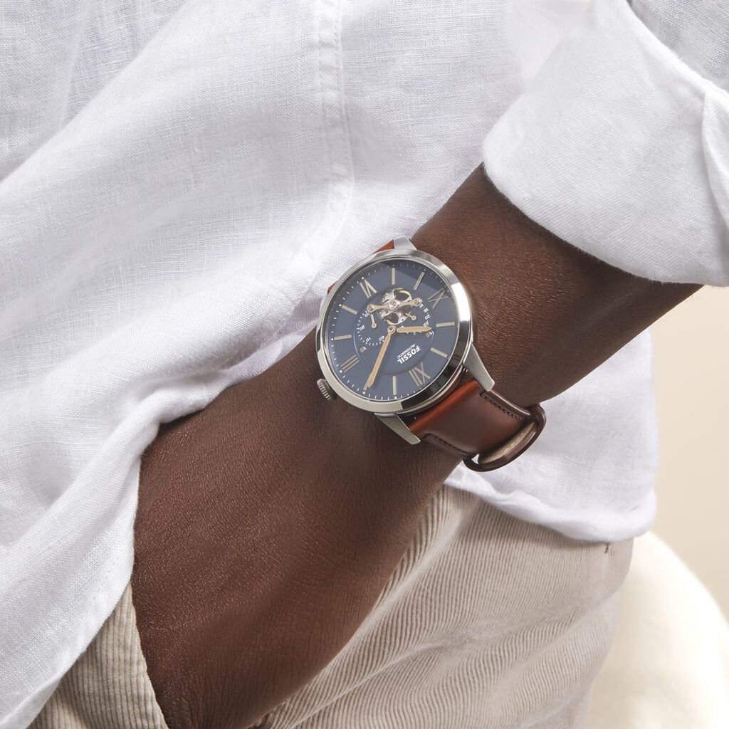 Blue Townsman for Brown Dial Watch Fossil Leather Men Strap Automatic