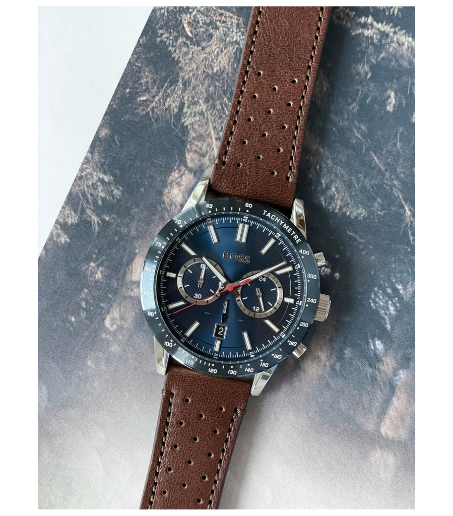 Strap for Men Blue Brown Dial Boss Watch Leather Allure Hugo