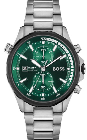 Hugo Boss Globetrotter Chronograph Green Dial Silver Steel Strap Watch for Men - 1513930