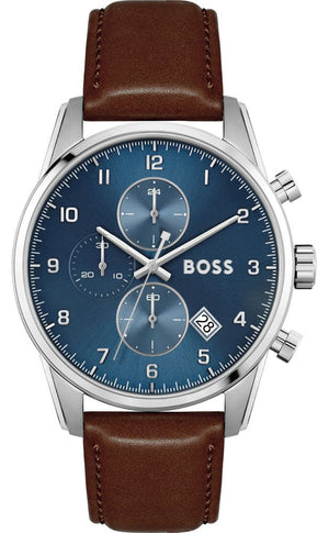 Hugo Boss Skymaster Chronograph Blue Dial Brown Leather Strap Watch for Men - 1513940