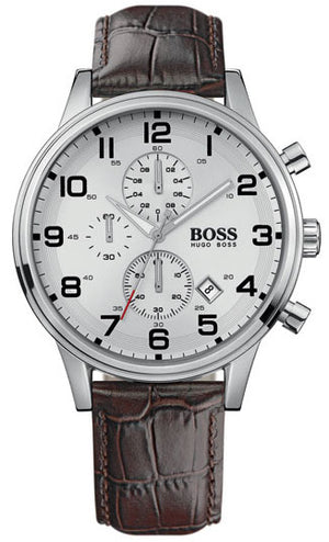 Hugo Boss Aeroliner Chronoraph White Dial Brown Leather Strap Watch For Men - HB1512447