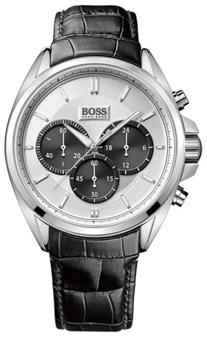 Hugo Boss Driver Chronograph Quartz Silver Dial Black Leather Strap Watch For Men - 1512880