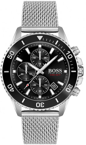 Hugo Boss Admiral Black Dial Silver Mesh Bracelet Watch for Men - 1513904