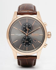 Hugo Boss Jet Chronograph Grey Dial Brown Leather Strap Watch for Men - 1513281