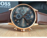 Hugo Boss Navigator Chronograph Grey Dial Brown Leather Strap Watch for Men - 1513496