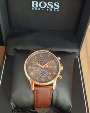 Hugo Boss Navigator Chronograph Grey Dial Brown Leather Strap Watch for Men - 1513496