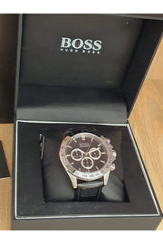 Hugo Boss Ikon Chronograph Black Dial Black Leather Strap Watch for Men - 1513178