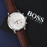 Hugo Boss Aeroliner Chronoraph White Dial Brown Leather Strap Watch For Men - HB1512447