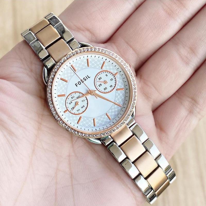 Fossil vintage Two-Tone Women\'s stretch  Stainless Steel Watch - White Dial Fossil Tailor White Dial Two Tone Steel Strap Watch for Women main image 4