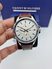 Tommy Hilfiger Multi Function Quartz White Dial Brown Leather Strap Watch for Men - 1791614
