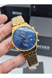Hugo Boss Associate Chronograph Blue Dial Gold Steel Strap Watch for Men - 1513841