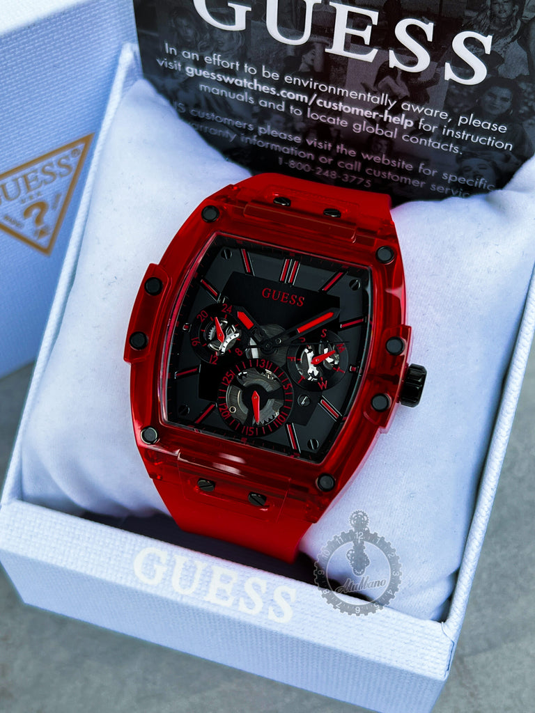 Guess Phoenix Dial Strap Black Men Red for Multifunction Rubber Watch