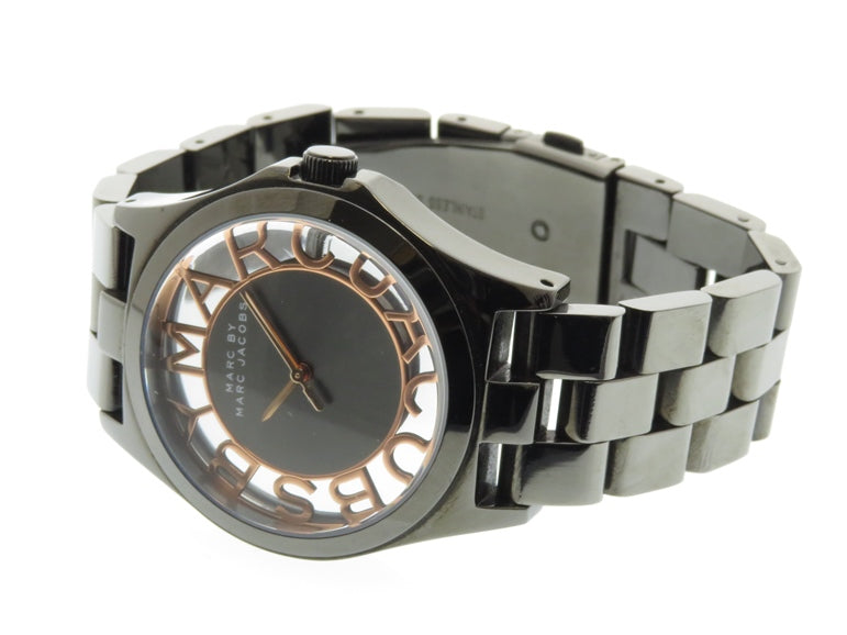 Marc Jacobs Henry Skeleton Black Dial Black Steel Strap Watch for