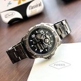 Fossil Bronson Automatic Skeleton Black Dial Grey Steel Strap Watch for Men - ME3255