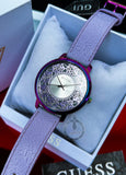 Guess Dahlia Analog Silver Dial Purple Leather Strap Watch For Women - GW0529L4