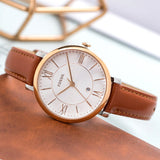 Fossil Jacqueline White Dial Brown Leather Strap Watch for Women - ES3842